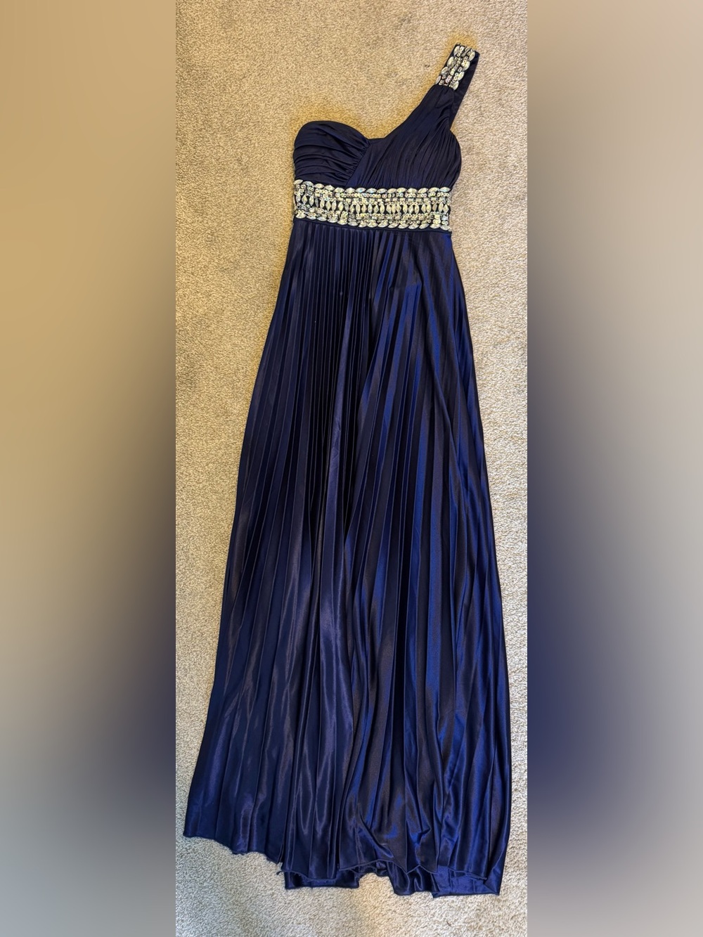 My Michelle Navy One-Shoulder Asymmetrical Pleated Gown with Silver Beaded Waist